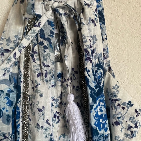 MIRA PIERINA FLORAL SILVER EMBROIDERY TASSEL TIE SHORT BOHO BEACH DRESS SIZE M - Picture 6 of 13